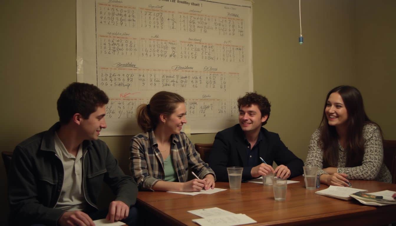 A group of friends enjoys a relaxed derby party, placing bets and sharing laughter in a cozy living room. Untidy man young adults meeting in conference room discussing work or project, casual professional setting, collaborative teamwork, office environment, group brainstorming session, informal business meeting, modern workplace, diverse team, friendly professional interaction, corporate culture, brainstorming and planning, workplace communication, teamwork and collaboration, modern meeting space, creative work discussion.