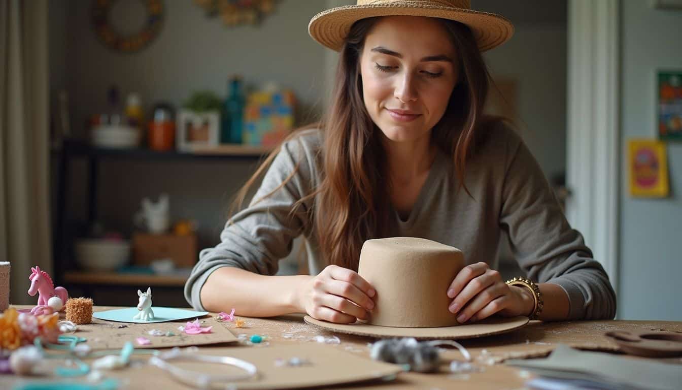A woman in her 30s makes a derby hat at a cluttered table filled with craft supplies. A woman in her 30s makes a derby hat at a cluttered table filled with craft supplies.