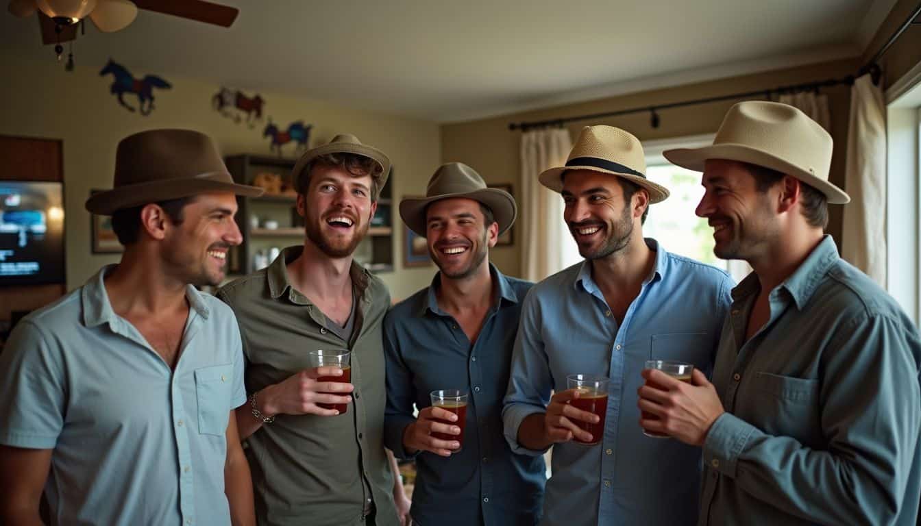 Five men casually enjoy drinks and watch a horse race in a cozy, lived-in living room. Five men casually enjoy drinks and watch a horse race in a cozy, lived-in living room.