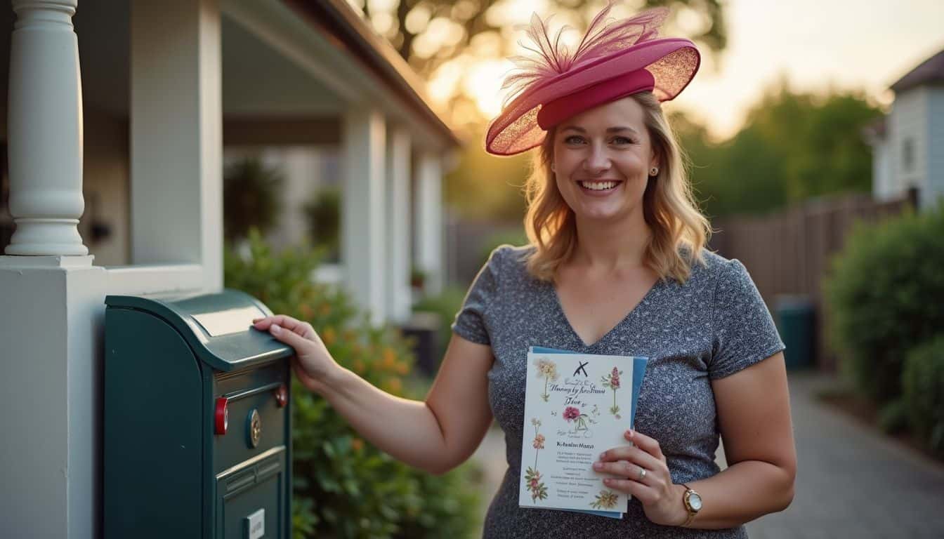 A woman in everyday attire stands by a mailbox, holding a jockey-themed invitation and smiling contently. Elegant woman in floral dress with pink hat delivering wedding or celebration card outdoors during sunset, smiling with mailbox, garden, happy moment, special occasion, sunny day, cheerful atmosphere, summer celebration, community event, floral theme.
