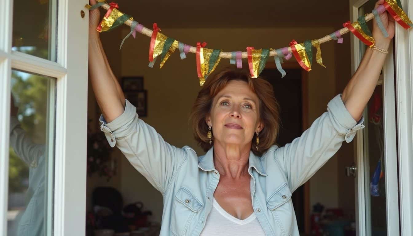 A woman in her 40s casually hangs Kentucky Derby decorations at a relaxed party entrance. Cheerful woman hanging colorful festive bunting at home, celebrating outdoors with a joyful expression.
