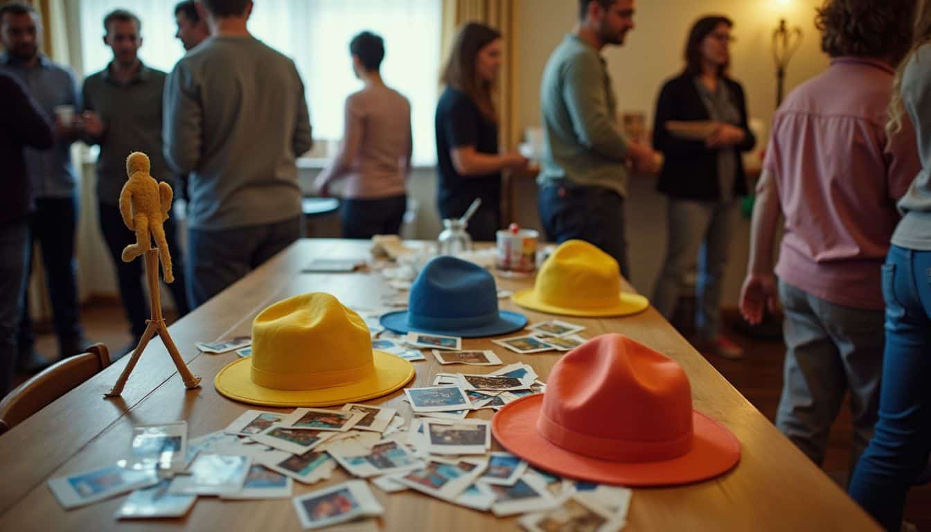 A cluttered table at a casual gathering features derby hats, a stick horse, and homemade prizes among Polaroid pictures. A cluttered table at a casual gathering features derby hats, a stick horse, and homemade prizes among Polaroid pictures.