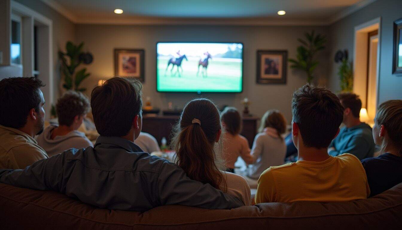 A group of friends gathers casually around a TV, cheering for their horses during a horse race. Cozy family or friends enjoying movie night together watching television on a large flat-screen TV in a comfortable living room.