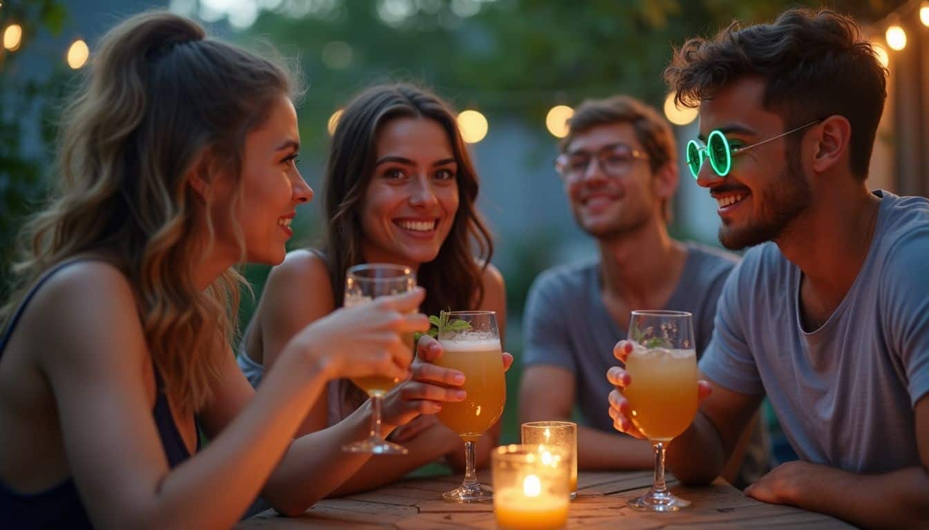 Relaxed friends enjoying cocktails at outdoor summer party, smiling, summer nightlife, happy social gathering, outdoor patio, casual evening, warm lighting, fun atmosphere, youthful friends, summer drinks, happy moments, friendship celebration, summer evening, group of friends, enjoyment and laughter, summer lifestyle.