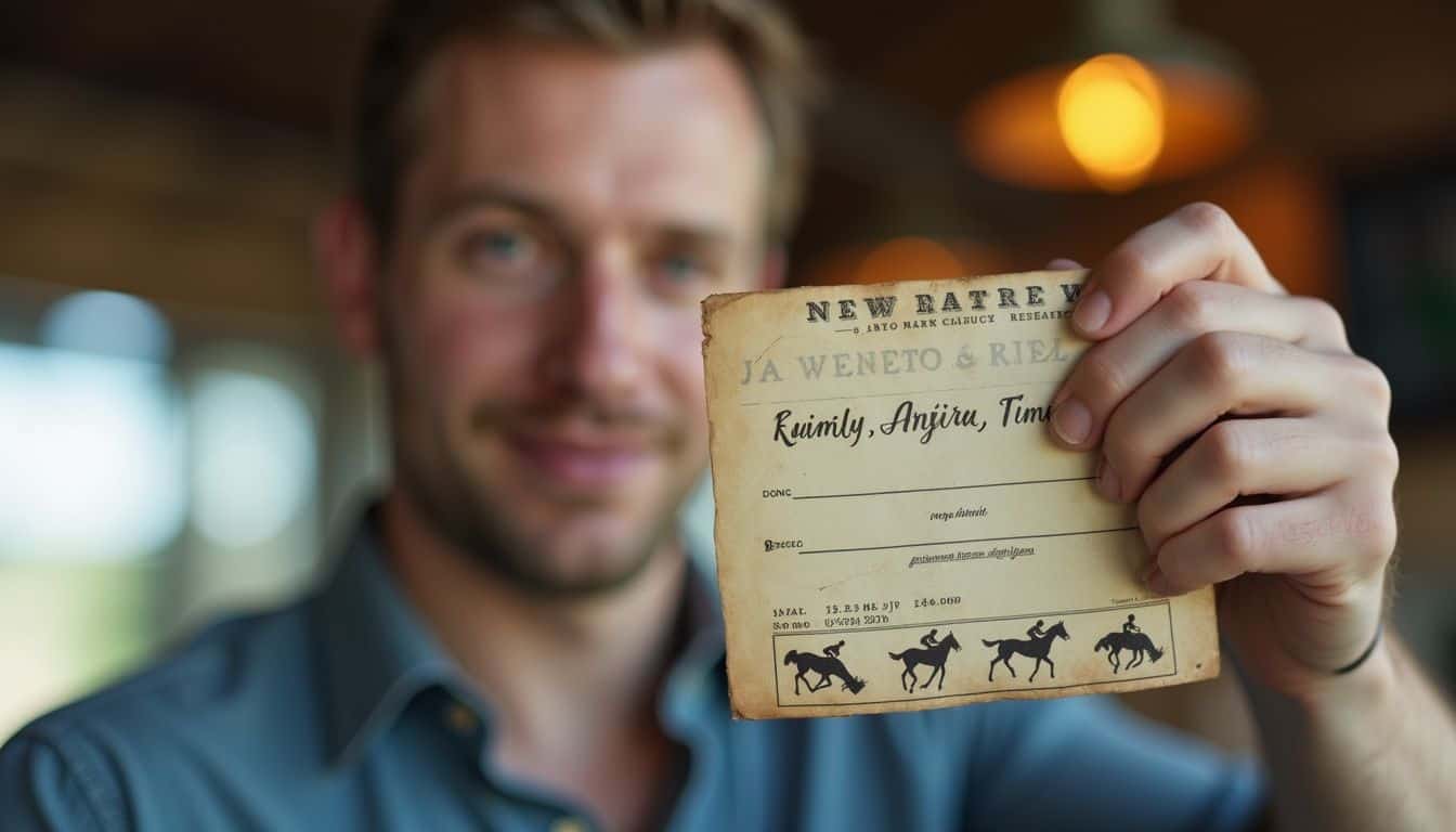 A casual guy in his 30s holds a worn Kentucky Derby party invitation amidst themed decorations. 2. Close-up of a young man holding a vintage-looking betting ticket at a cafe or bar, smiling confidently, with warm blurred background lighting.
