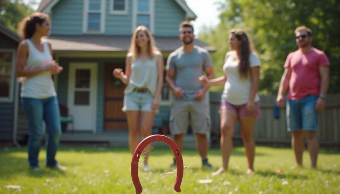 A group of friends enjoys a casual backyard gathering playing ring toss with horseshoes, showcasing genuine fun and friendly competition. Colorful outdoor gathering with friends playing ring toss in a sunny backyard, showcasing social interaction, fun outdoor activity, and summer leisure.