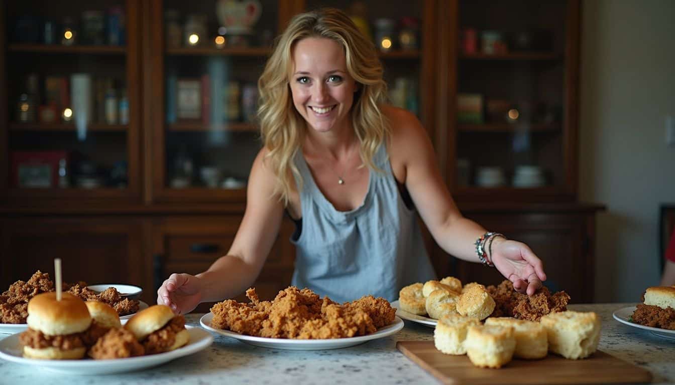 A woman serves Southern-style food at a casual get-together with horse racing-themed decor on the table. Golden blonde woman smiling and preparing fried chicken and biscuits on kitchen counter for casual meal or gathering.