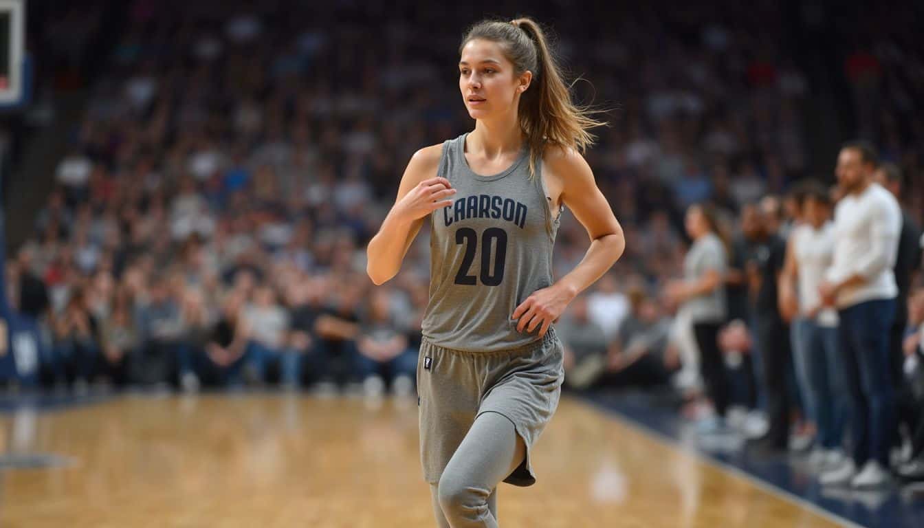 Woman athlete running on basketball court, sports apparel, competitive sports, female sportswear, gym, athletic performance, basketball game, basketball player, sports competition, fitness, active lifestyle, women in sports.