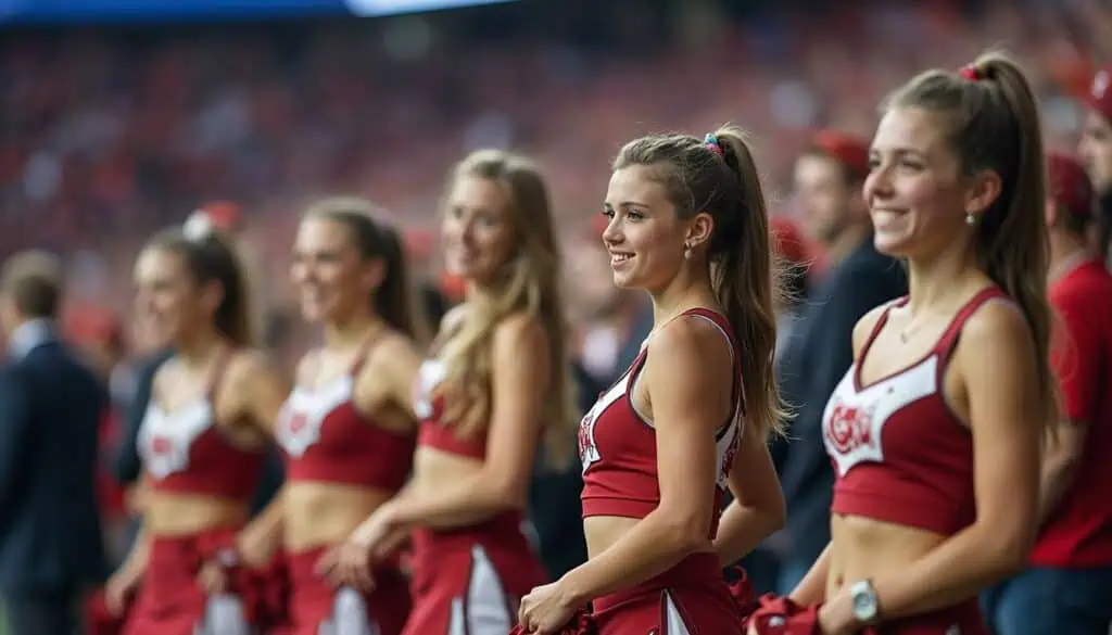 A group of casual cheerleaders performs during a local sports game, showcasing their team spirit in simple uniforms. Cheerleaders in red uniforms at a sports event, smiling during the national anthem or pre-game ceremony. Enthusiastic supporters and team spirit showcase athleticism and cheerleading enthusiasm.