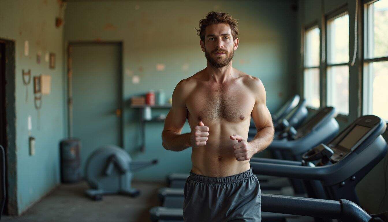 A person in their 30s jogs on a treadmill in a cluttered, worn gym, appearing sweaty and relaxed. Vibrant young man running shirtless on treadmill in gym, fitness, workout, health, sports, cardio training, male athlete, exercise motivation, gym workout routines, physical fitness.