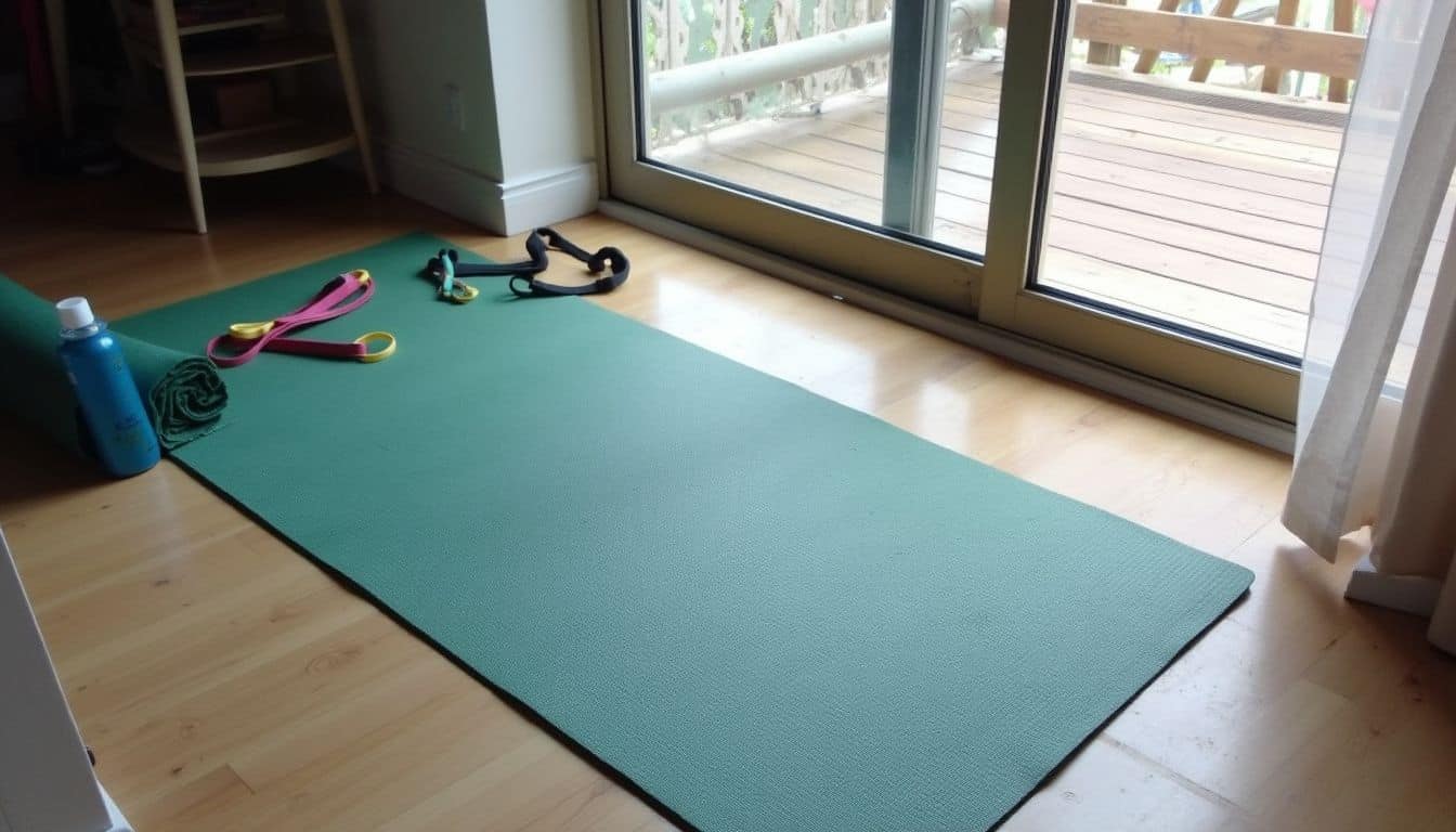 A casual workout space features a yoga mat, foam roller, resistance bands, and a water bottle, reflecting a lived-in routine. Bright indoor yoga or workout space with exercise mat, resistance bands, water bottle, and sliding glass door leading to outdoor deck, ideal for fitness routines at home.