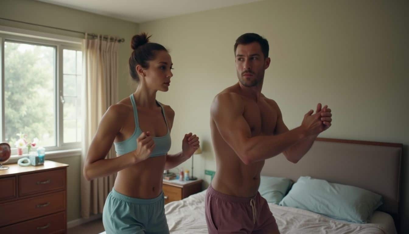 A relaxed couple in their late 20s casually workouts together in a cluttered bedroom. Young athletic couple exercising in bedroom, focused on fitness and health, in casual workout clothing, bright natural light, home workout routine, lifestyle, wellness, modern bedroom decor.