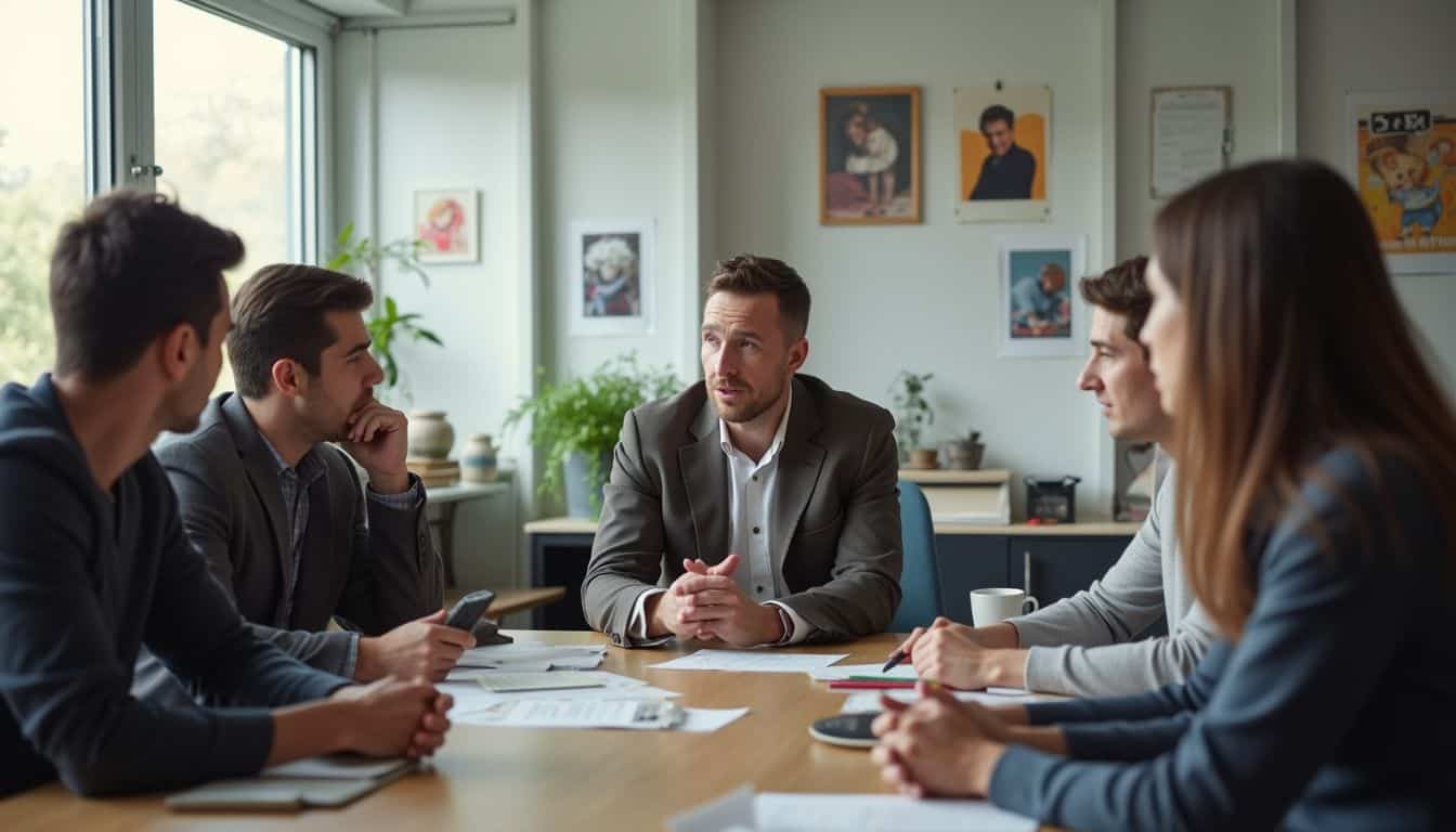 Business meeting with diverse group of professionals discussing strategy and collaboration in modern office environment.