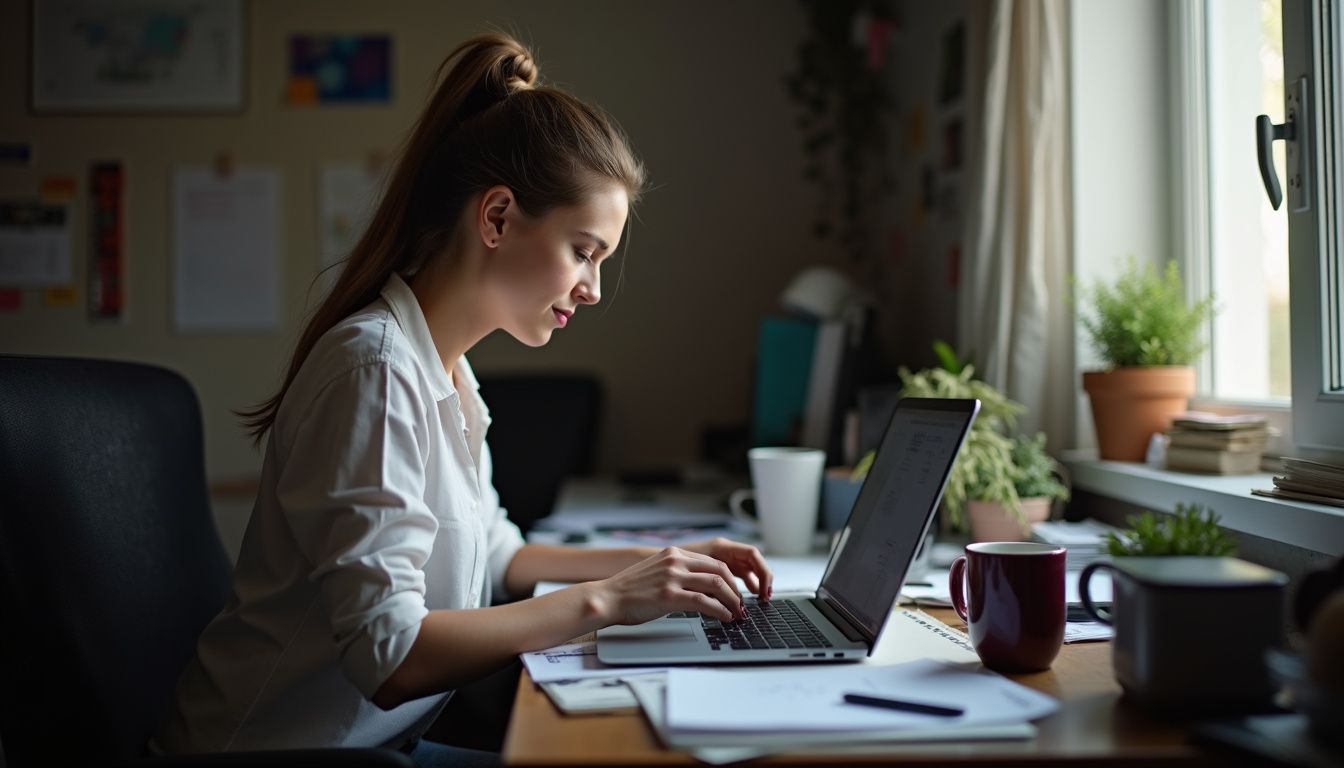 A woman in her mid-30s sits at a cluttered desk, casually typing on her phone.