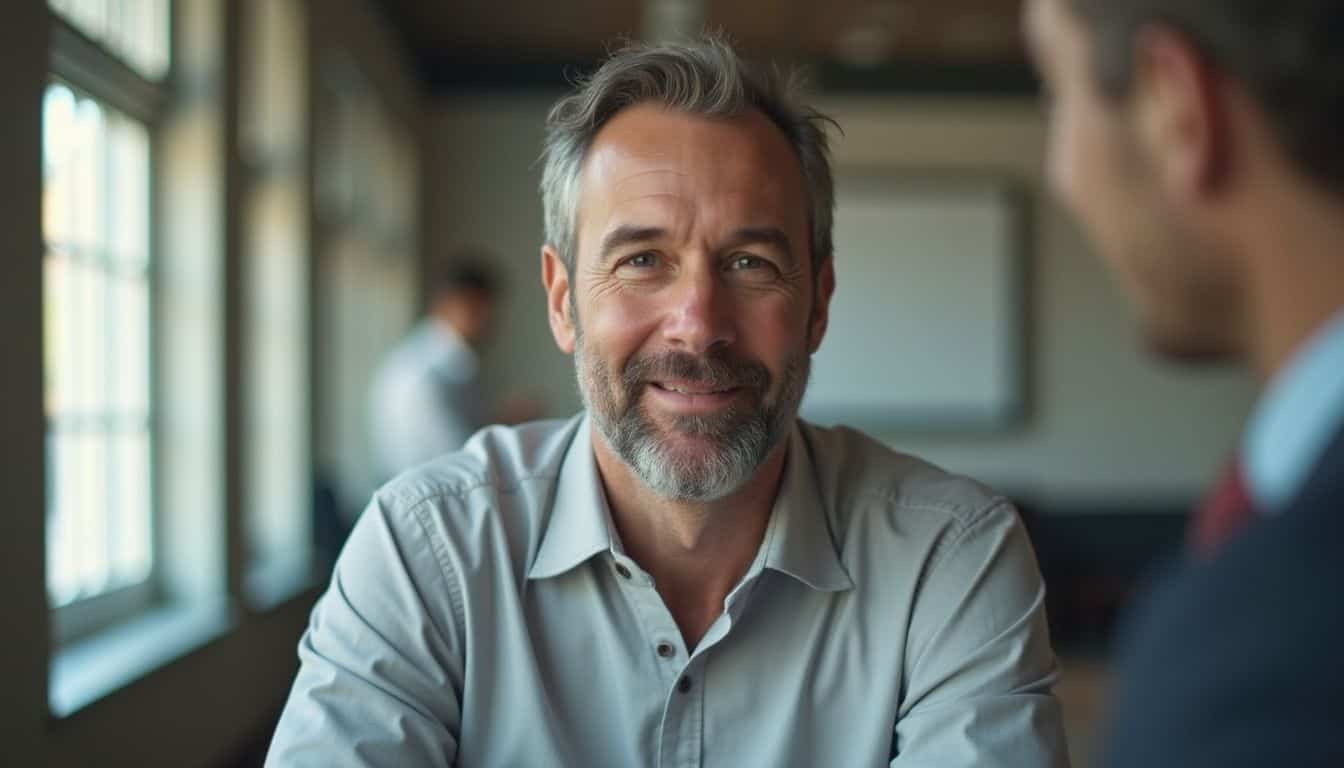 Warm professional man smiling during business meeting or interview, confident middle-aged male in casual formal attire, engaging in conversation, office setting with natural light.