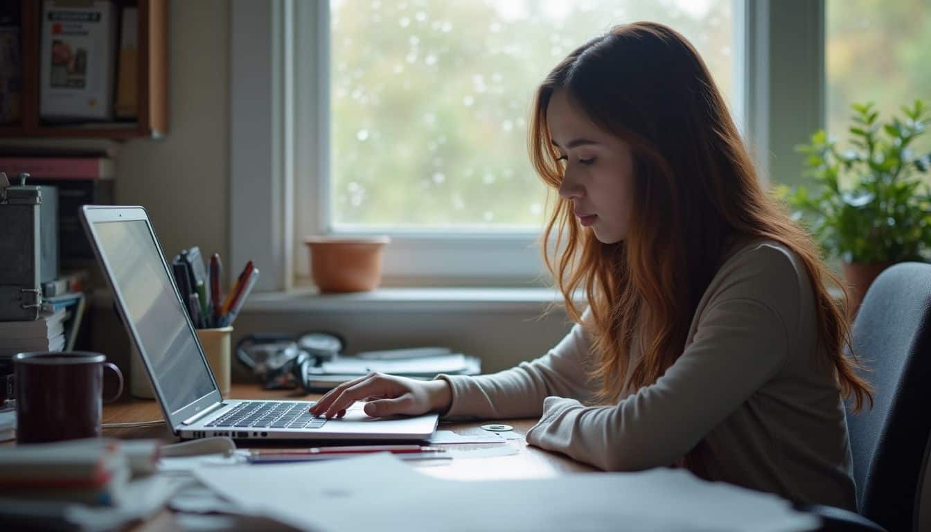 Focused woman working on a laptop at home office desk with natural light from window, surrounded by office supplies and plants, representing modern remote work and productivity.