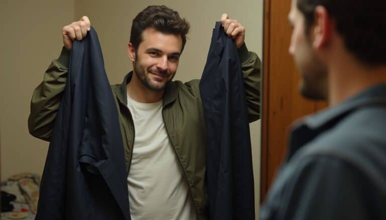 Confident man holding jacket and smiling in front of a mirror.