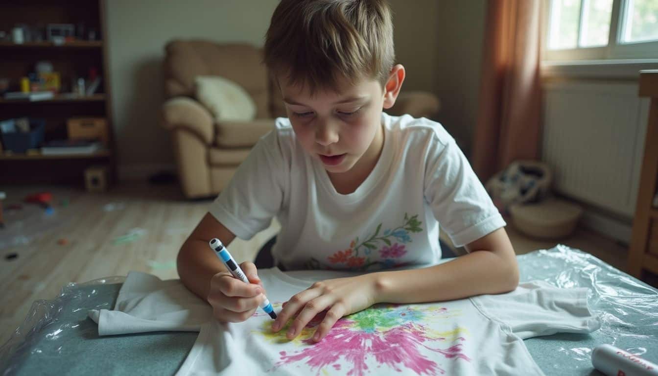 A teenage boy decorates a plain white t-shirt with tie-dye and bleach pens in a messy room. Creative boy drawing on a T-shirt at home during the day.