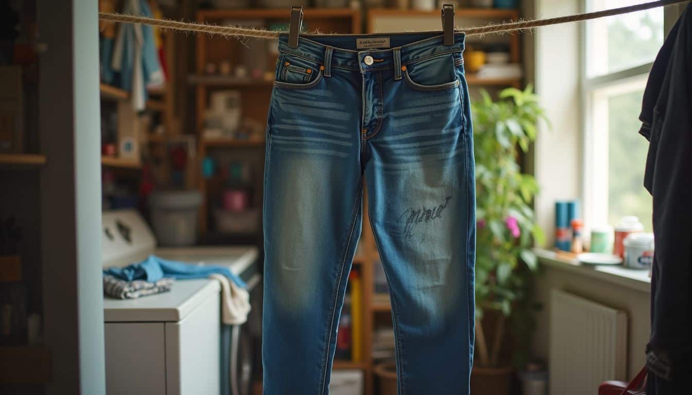 A pair of worn navy jeans with a spiral stain hangs on a wooden clothesline in a cluttered laundry room. Vintage blue distressed jeans hanging on a clothesline in a cozy laundry room with natural light, perfect for men's fashion and casual style.