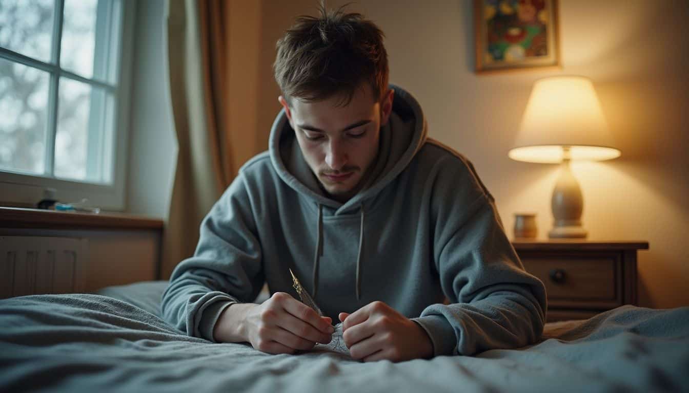 A young man in a hoodie is casually hand-stitching a geometric pattern in his cozy, lived-in bedroom. Young man sitting on bed playing ukulele at home in warm lighting cozy interior casual lifestyle.