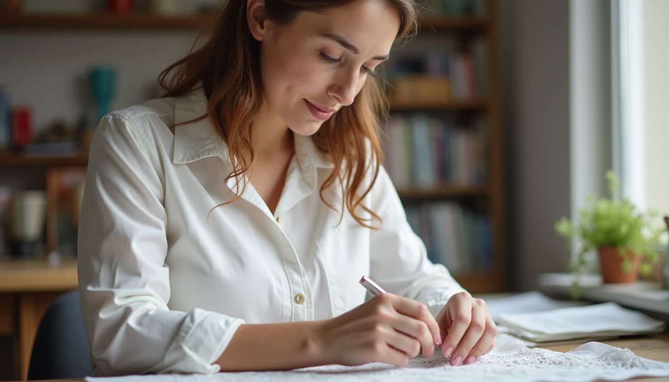 A woman in her 30s is sewing lace onto a white blouse in a cozy, cluttered craft space. Relaxed woman working on a sewing project at home, sitting at a table with fabric and a pen, surrounded by books and plants, enjoying a hobby in a cozy, well-lit environment.