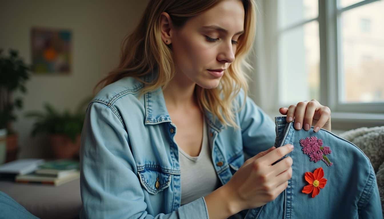 A woman casually sews a floral patch onto a denim jacket in a cozy, lived-in living room. Crafting embroidered floral patches on denim jacket, stylish woman, casual fashion, interior home setting, unfinished man style ambiance.