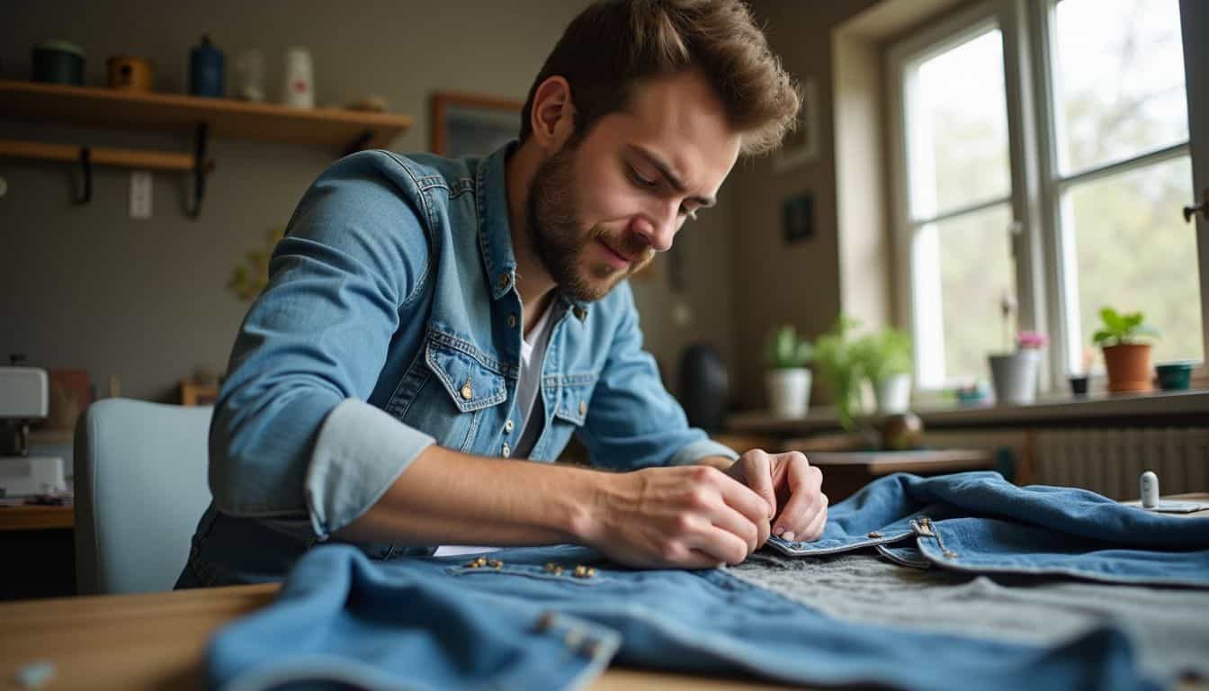 A man in his thirties casually sews a zipper onto a worn denim jacket in a home workspace. Craftsman tailoring denim jeans at a worktable in a bright, cozy home workshop.