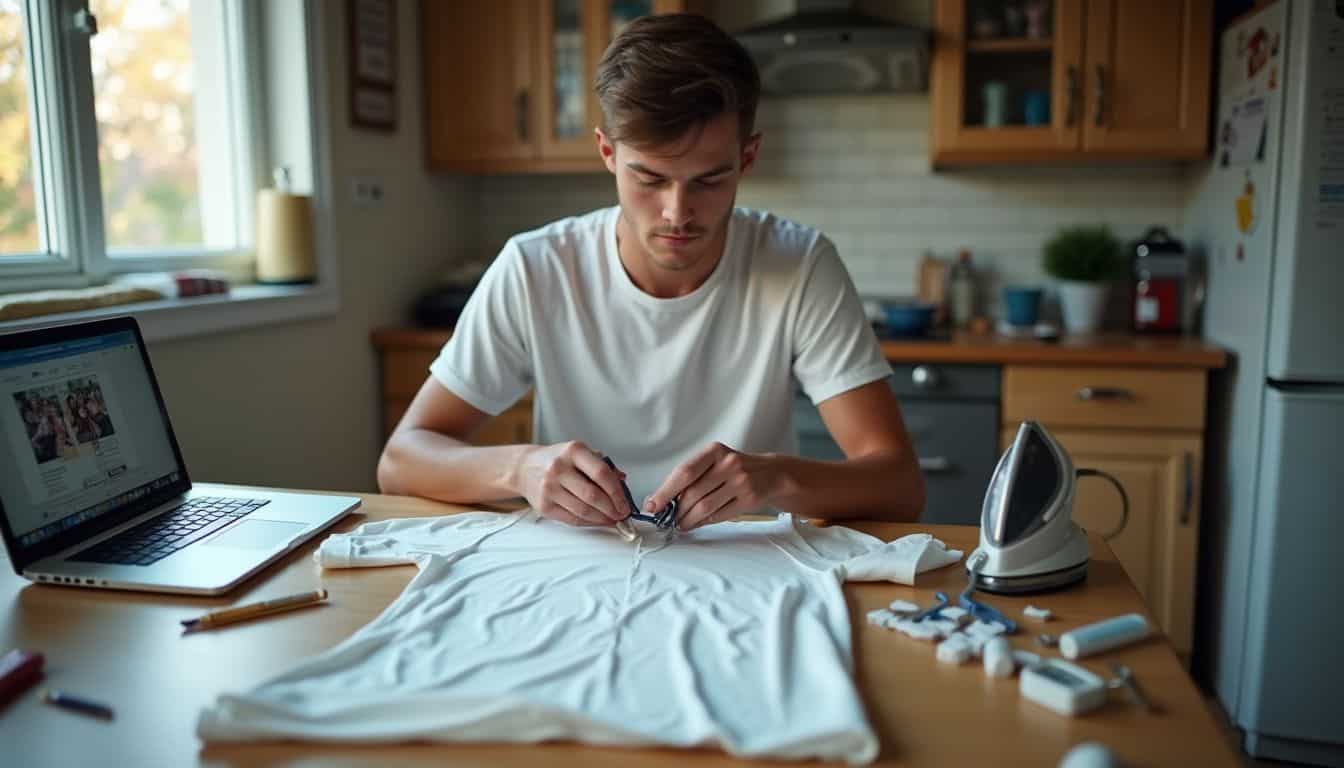 A young man casually cuts a t-shirt at a cluttered kitchen table surrounded by sewing supplies and a laptop. Creative man repairing white T-shirt at home, focusing on DIY clothing alteration, with sewing tools and laptop on the kitchen table, cozy home ambiance, casual fashion, and day-to-day life.