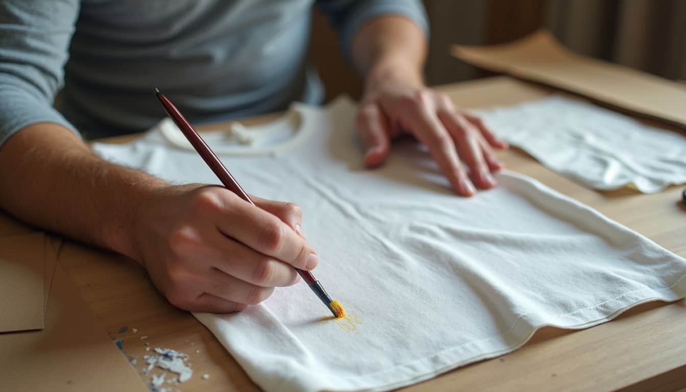 A man in his 30s paints designs on a white cotton shirt amid a casual, used workspace. Painted white T-shirt being customized with a paintbrush and yellow paint, showcasing creative DIY fashion projects.