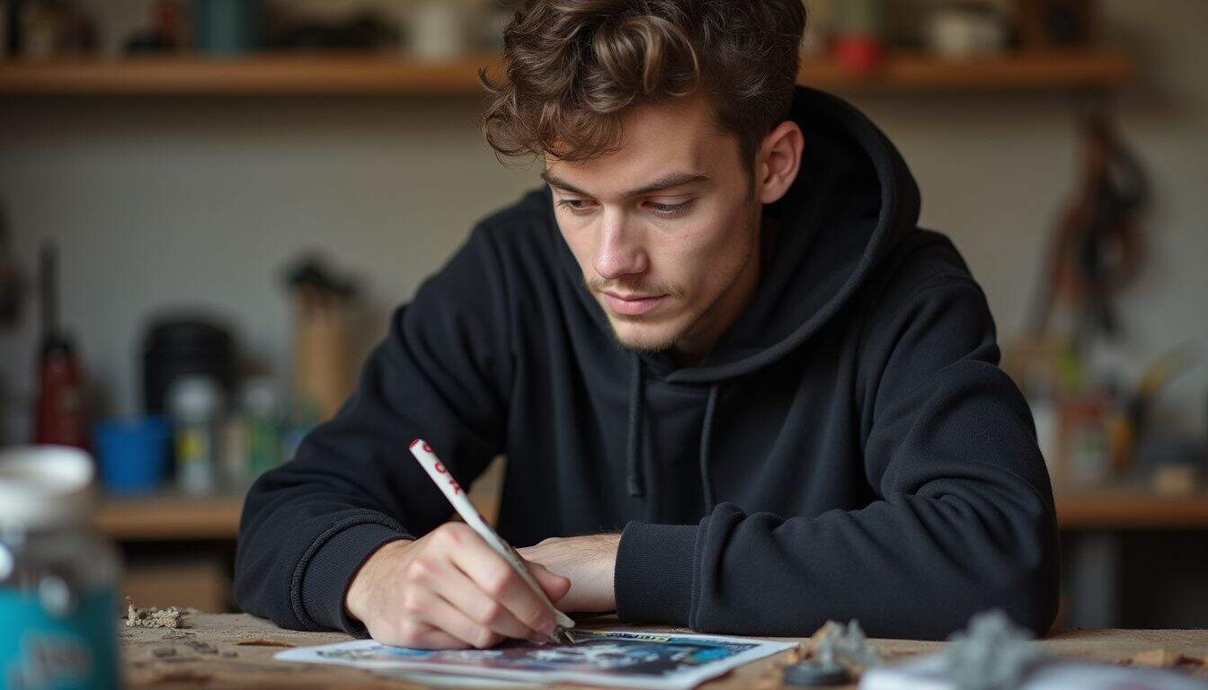 A young adult is applying a custom transfer to a black hoodie in a cluttered DIY workspace. Handsome young man drawing in a sketchbook at a workspace, focusing on art and creative hobbies for men, modern lifestyle, male artistic expression, casual indoor setting.