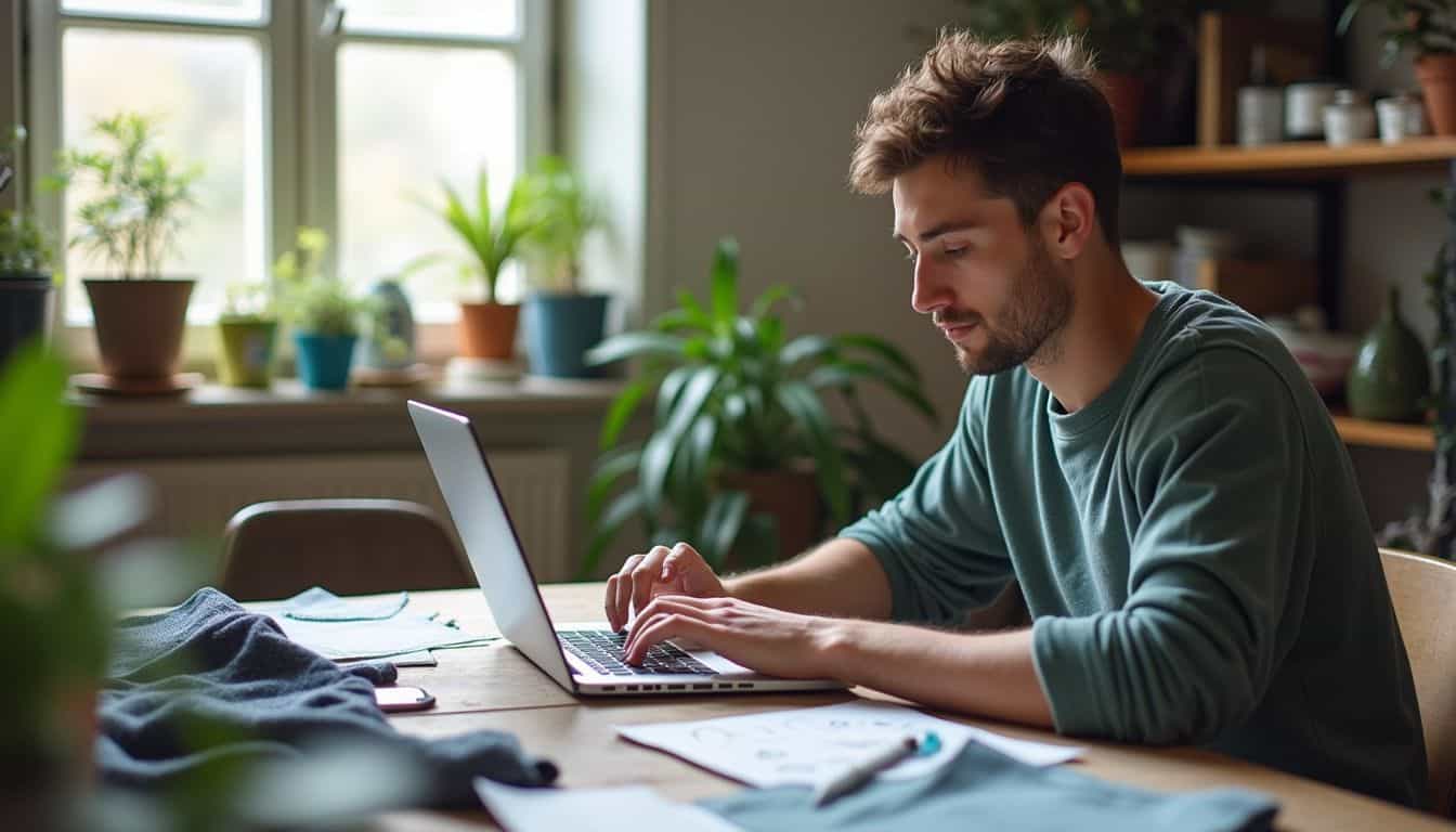 A young man in casual clothes uses his laptop to design clothing amid a cluttered workspace filled with fabric scraps. Young man working on laptop at home, surrounded by houseplants, in a cozy and modern workspace.