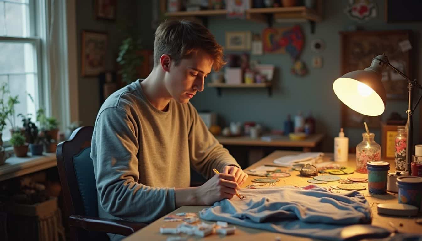 A young man casually personalizes a sweatshirt at his cluttered desk filled with sewing supplies and fabric paint. Creative young man painting custom artwork in cozy home studio for men's lifestyle and art blog.