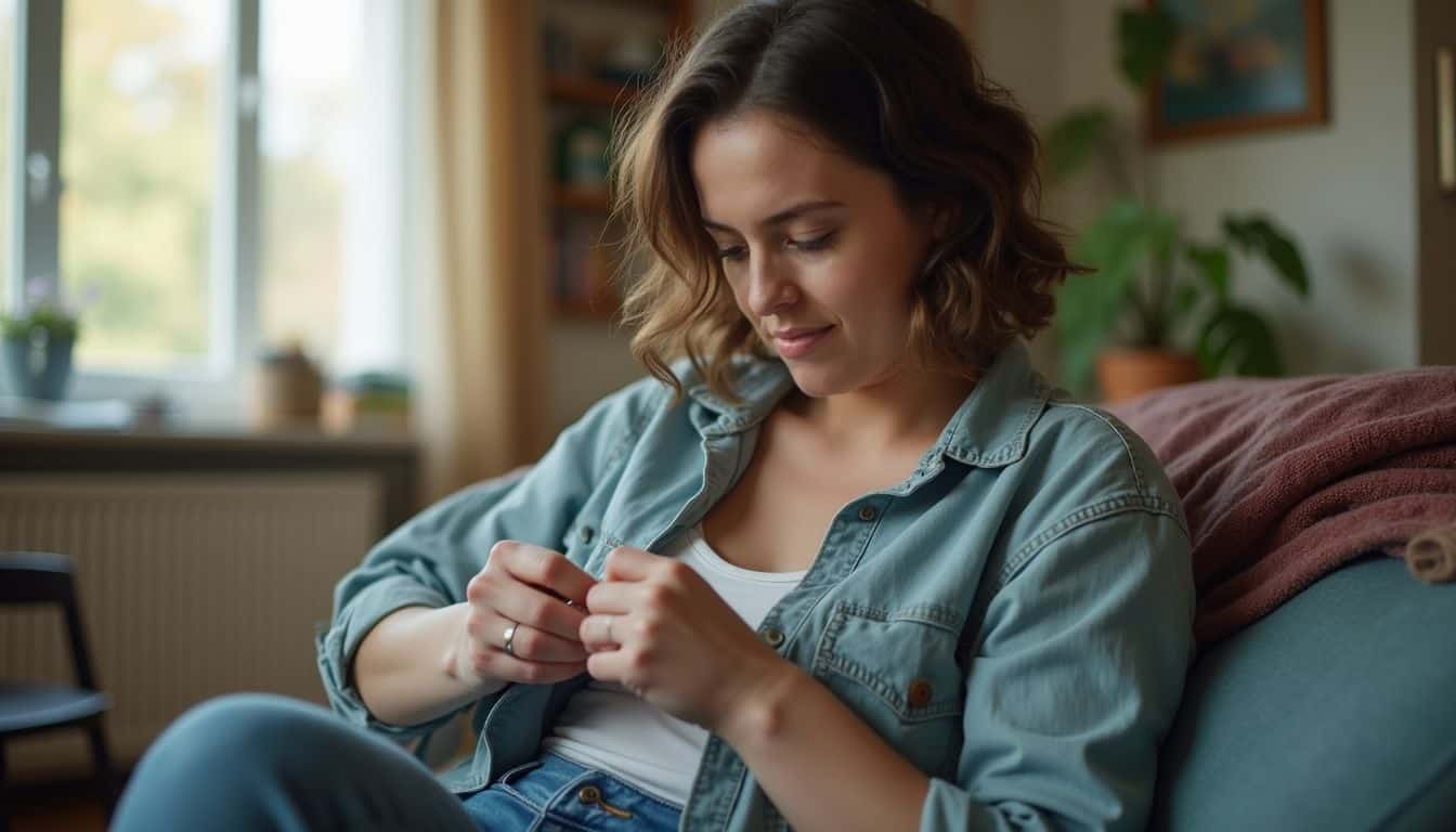 A woman in her 30s casually repairs her shirt in a cozy, cluttered living room. Soft-focused woman sitting on sofa with natural light from window, wearing casual denim shirt and white top, relaxing at home, reading a small note, cozy interior background with plants and photos, lifestyle image for modern living and self-care.