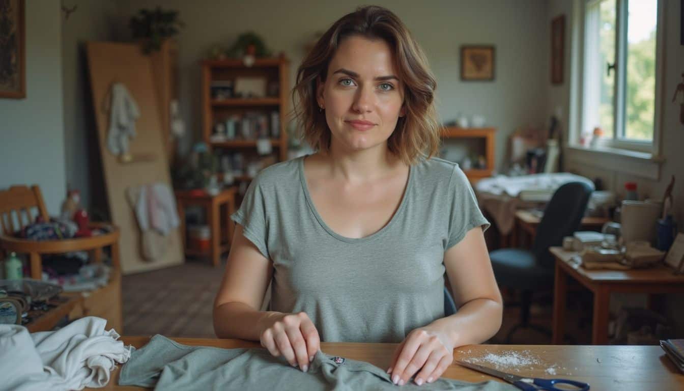 A woman in her 30s is cutting an old t-shirt into a crop top at a cluttered desk. Woman with short wavy hair sitting at a wooden table in a cozy, well-lit home office or craft room, engaged in a creative or sewing project, surrounded by various household items and furniture in a warm, inviting environment.