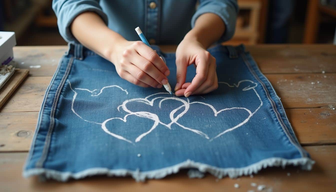 A pair of hands is drawing heart shapes on blue denim with tailor's chalk on a cluttered wooden table. Hand drawing hearts on denim fabric with chalk, creative romantic design, casual craft project, passionate love theme, artistic DIY activity.