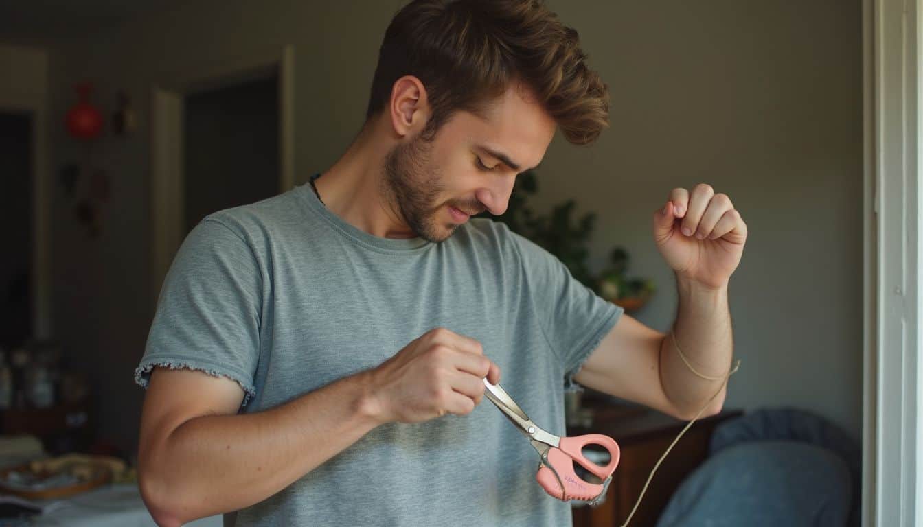 A casually dressed man in his 30s is cutting the sleeves off an old t-shirt at home. Bright man opening a gift box at home, celebrating a special occasion or surprise, casual setting, joyful moment.