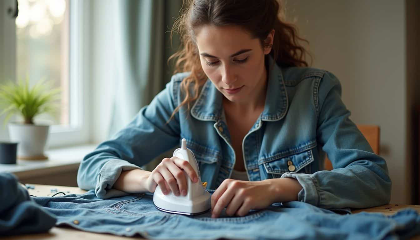 A woman in her mid-30s casually irons a patch onto her old denim jacket at home. Pressing garment with steam iron, woman ironing denim jeans, domestic laundry at home, casual grey hoodie, eco-friendly and sustainable clothing care, Unfinished Man lifestyle.