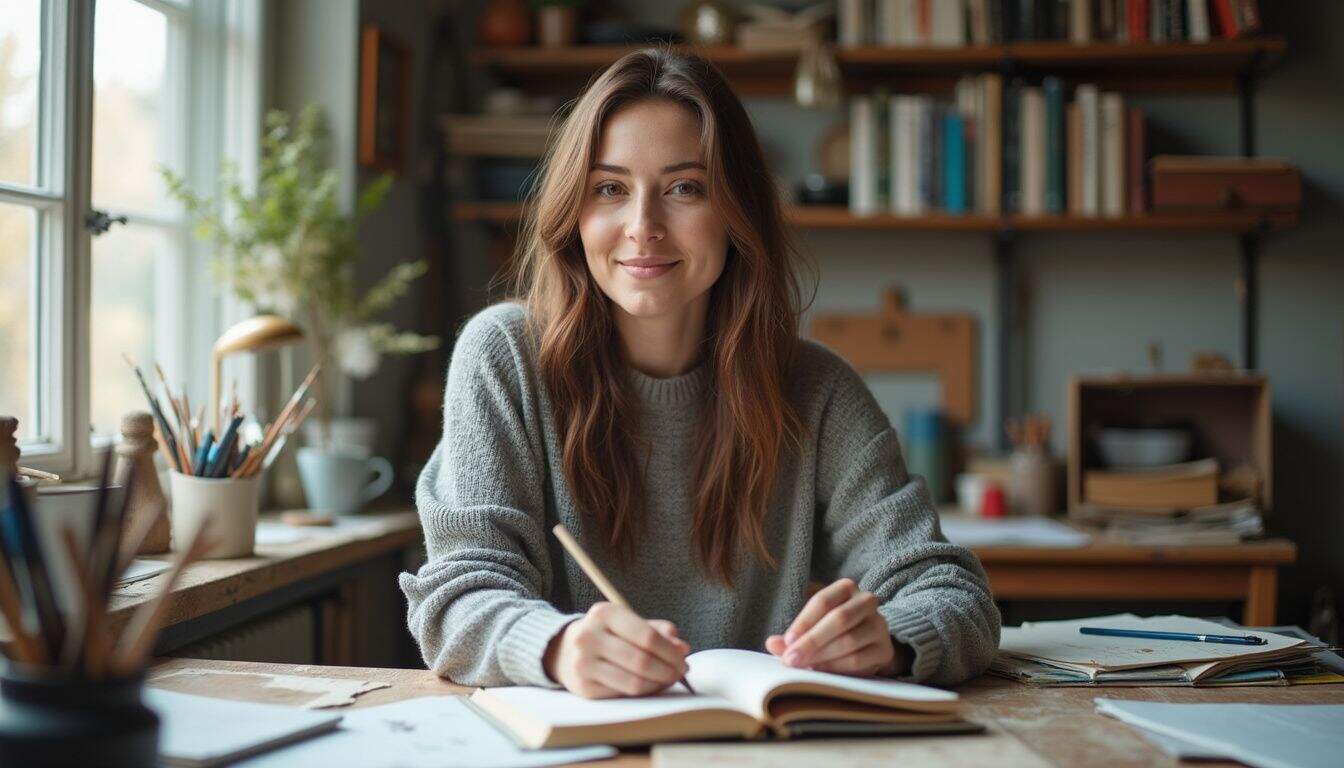 A woman in her 30s sits at a cluttered desk, engaged in writing or painting. Female student studying at wooden desk in cozy room with bookshelves in background.