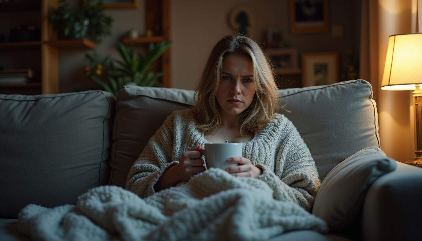 A tired woman in her 30s relaxes on a sofa, wrapped in a blanket and holding a mug of tea. Mature woman sitting on sofa with a cup of tea or coffee, wrapped in cozy blanket, looking thoughtful or concerned in a warm indoor setting.