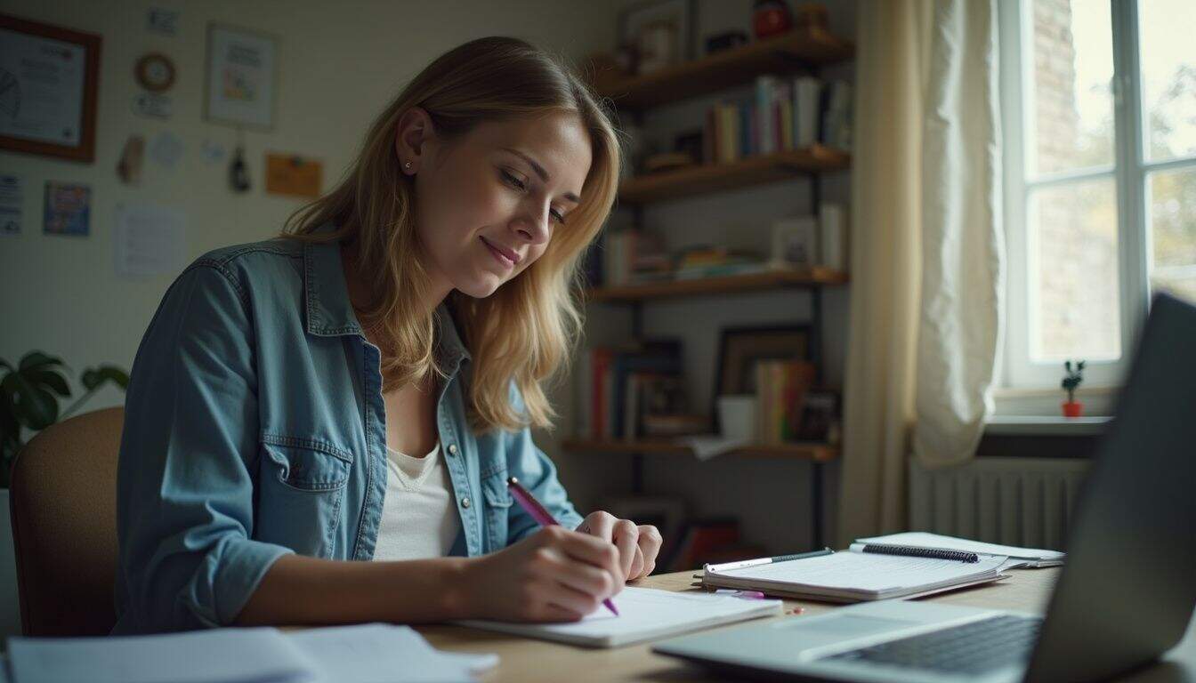 A woman in her 30s writes at a messy desk, capturing an unposed moment in her home workspace. A woman in her 30s writes at a messy desk, capturing an unposed moment in her home workspace.