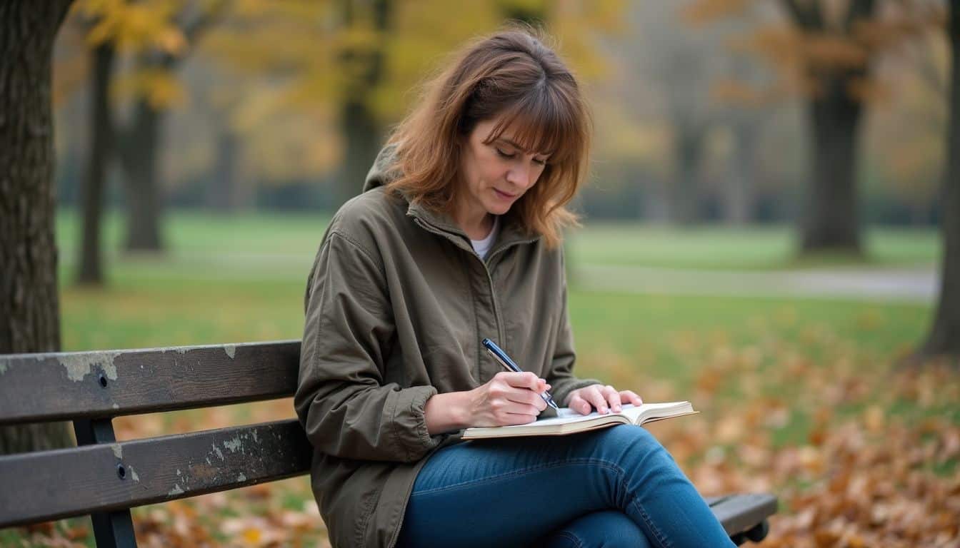 A relaxed woman in her late 30s writes in a notebook on a worn park bench surrounded by autumn leaves. Relaxed woman sitting on park bench writing in a notebook, autumn outdoor scene with colorful fallen leaves and trees in the background, casual style, reflective mood.