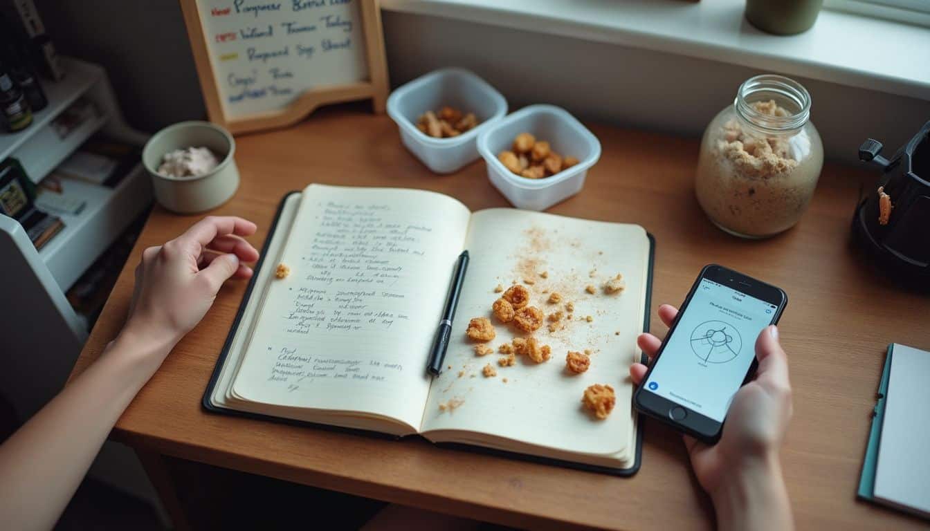 A messy desk features notes, snacks, leftovers, a calendar with crossed-out plans, and a phone displaying a breathing exercise. Crumb-covered notebook with study notes on a wooden desk, surrounded by snacks, a smartphone with a diagram, and organizing tools, capturing a casual and productive workspace scene.