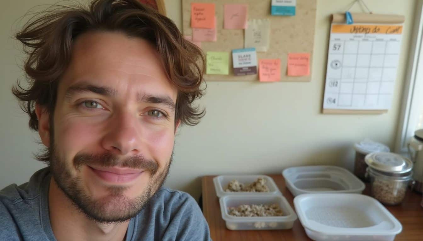 A relaxed person stands in a lived-in kitchen with meal prep containers and a calendar adorned with sticky notes. Bright smiling man in casual clothing in a well-lit kitchen or workspace.