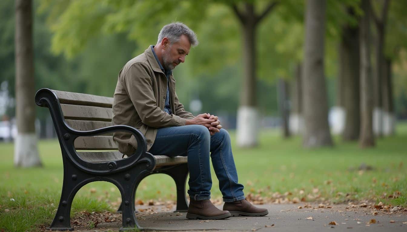 A man in his 30s sits on a worn bench, appearing frustrated amidst a natural park setting. A man sitting alone on a park bench, appearing thoughtful and reflective, surrounded by lush green trees and a peaceful outdoor setting.