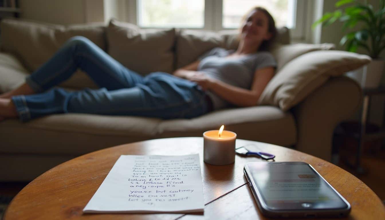 A cozy living room scene features a handwritten note, a flickering candle, and a relaxed person amidst everyday clutter. Relaxed woman lying on sofa at home, cozy living room environment, natural light, casual attire, ambient indoor scene, modern interior decor, comfortable lifestyle, leisure time.