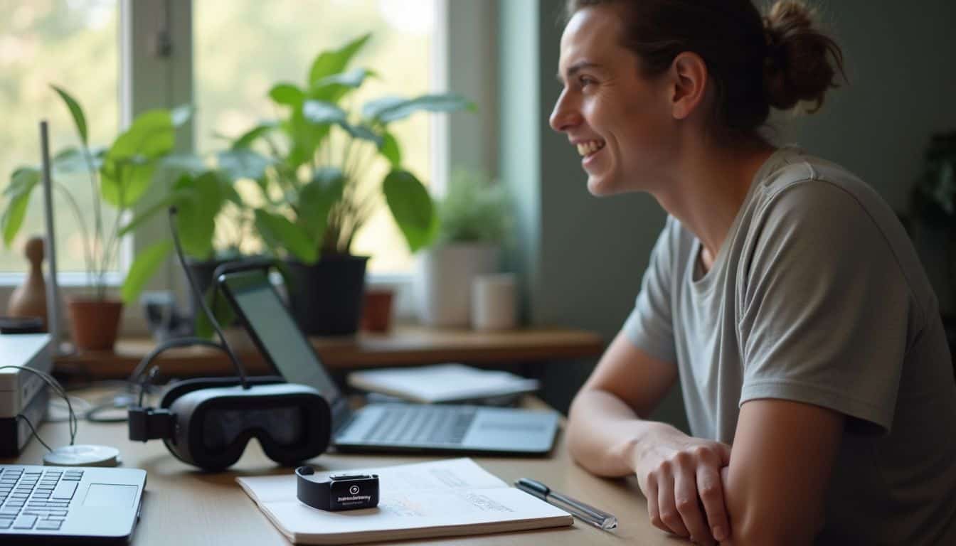 A cluttered desk with plants, a smartwatch reminder to take a break, and a casual person nearby. A cluttered desk with plants, a smartwatch reminder to take a break, and a casual person nearby.