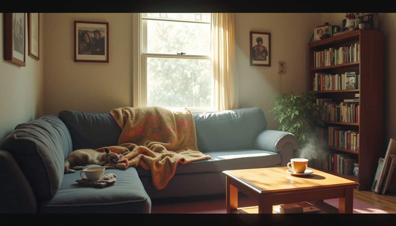 A cozy, lived-in living room features a worn sofa, a pet napping, and a side table with tea. Cozy living room with sunlight streaming through window, steaming cup of coffee on table, and relaxed cat napping on sofa, surrounded by bookshelf and framed artwork, creating a warm, inviting atmosphere.