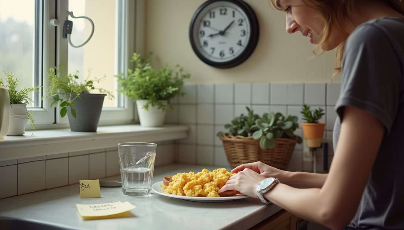 A casual morning kitchen scene features scrambled eggs, toast, a glass of water, and a person in the frame. A casual morning kitchen scene features scrambled eggs, toast, a glass of water, and a person in the frame.