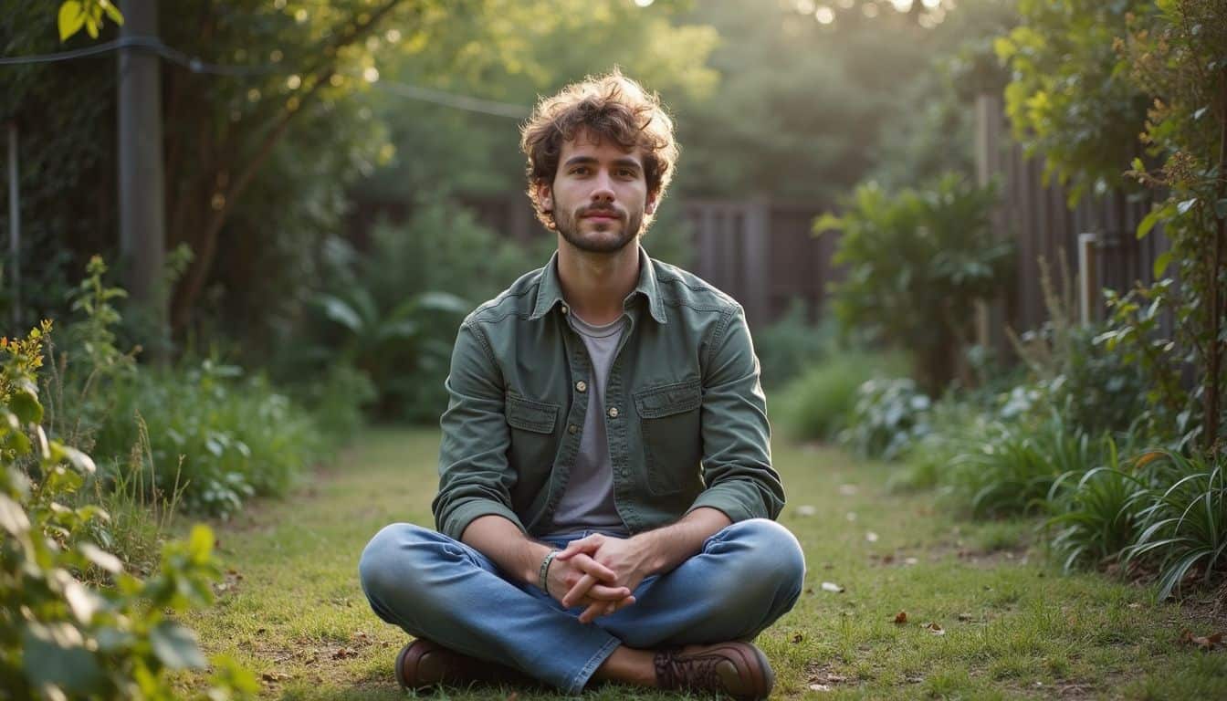 A relaxed man sits cross-legged in an unkempt backyard garden, enjoying a quiet moment. Relaxed young man sitting cross-legged outdoors in a lush garden at sunset, representing calm and mindfulness.