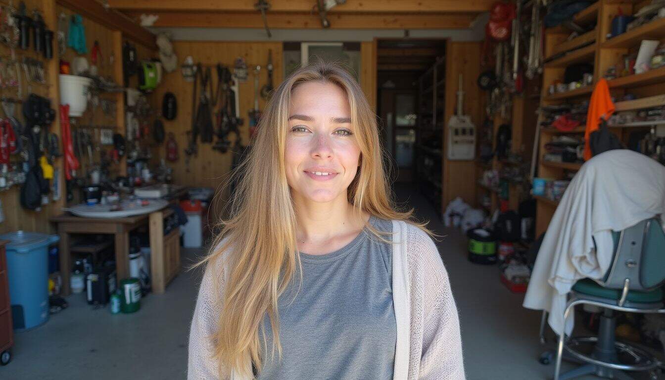 A relaxed person stands in a slightly messy garage filled with tools and everyday items. A relaxed person stands in a slightly messy garage filled with tools and everyday items.